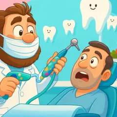 Dentysta w masce przygotowuje się do borowania zębów przerażonego pacjenta. W tle uśmiechnięte ząbki i zegar.