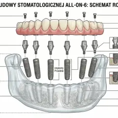 Schemat systemu all-on-6: sześć implantów tytanowych, łączniki i pełny łuk zębów ceramicznych.