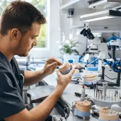 Pracownia protetyczna. Technik dentystyczny tworzy protezy, co wpływa na jego zarobki.