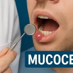 Lekarz bada guzek na wardze pacjenta. Jest to mucocele, łagodna zmiana wypełniona śliną.