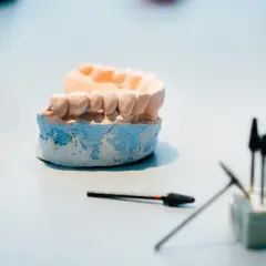 Model szczęki do stworzenia protezy elastycznej, narzędzia dentystyczne w tle.