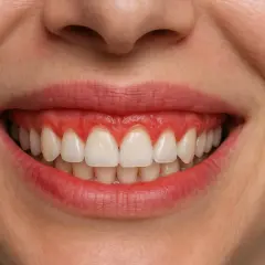 Uśmiech z widocznymi dziąsłami, które nadają mu charakterystyczny "gummy smile".