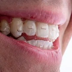Nakładki ortodontyczne Invisalign w Warszawie, Krakowie i Wrocławiu – porównanie klinik. Widok zbliżenia na usta z widocznymi przezroczystymi nakładkami na zębach.