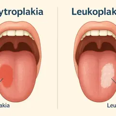Zdjęcie pokazuje objawy raka jamy ustnej: erytroplakię (czerwona plama) i leukoplakię (biała plama) na języku.