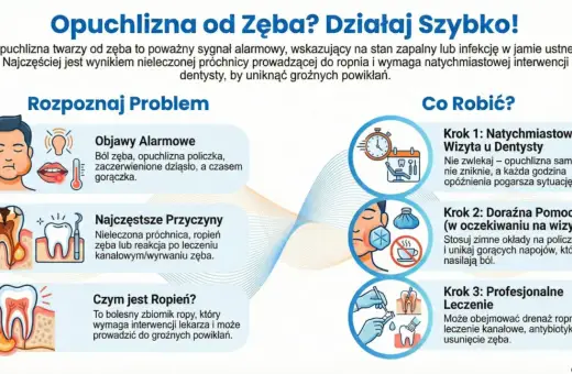 Opuchlizna od zęba? Ból zęba, gorączka, ropień. Jak uśmierzyć ból i co robić? Wizyta u dentysty, zimne okłady, leczenie.