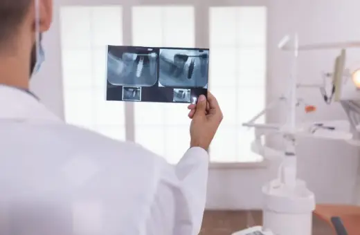 Dentysta analizuje RTG zęba, sprawdzając, ile kanałów ma 5.