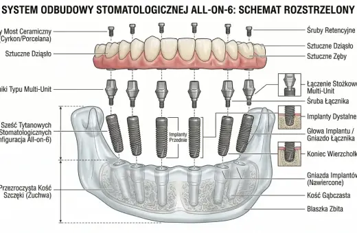 Schemat systemu all-on-6: sześć implantów tytanowych, łączniki i pełny łuk zębów ceramicznych.