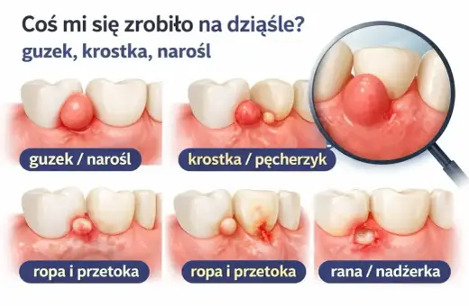 Ilustracja pokazuje różne zmiany na dziąśle: guzek, krostkę, ropień i ranę. Torbiel na dziąśle może przybierać różne formy.