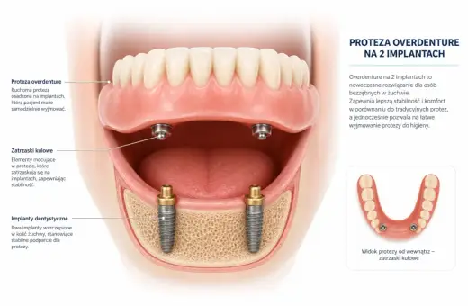 Proteza overdenture na 2 implantach, z zatrzaskami kulowymi, zapewnia stabilność i komfort. Ruchoma proteza mocowana na implantach.