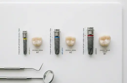 Różne implanty zębowe i korony, pokazujące elementy wpływające na koszt implantu zęba.