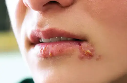 Usta z widoczną opryszczką. Czy z opryszczką można iść do dentysty? Warto skonsultować się z lekarzem.