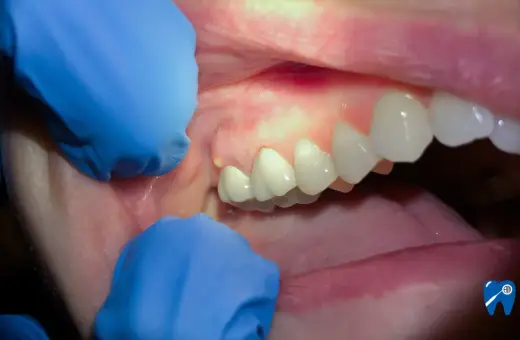 Widoczne ropa w zębie, zaczerwienione dziąsło i zęby. Rękawiczki dentystyczne uwidaczniają problem.