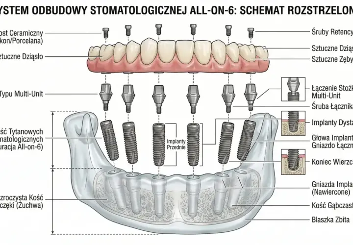 Schemat systemu all-on-6: sześć implantów tytanowych, łączniki i pełny łuk zębów ceramicznych.