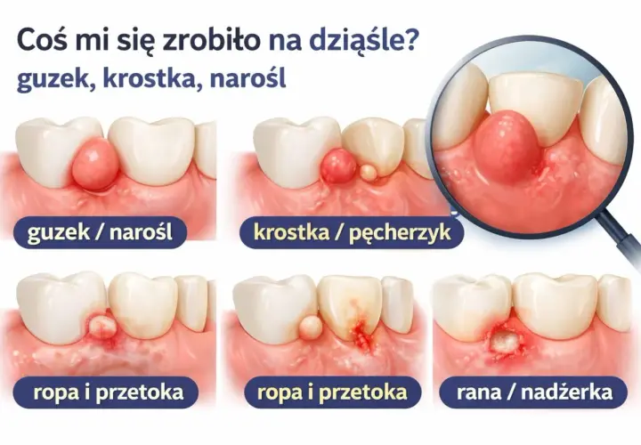 Widoczne są różne zmiany na dziąśle: guzek, krostka, ropień i rana. Twardy guzek na dziąśle może być niepokojący.