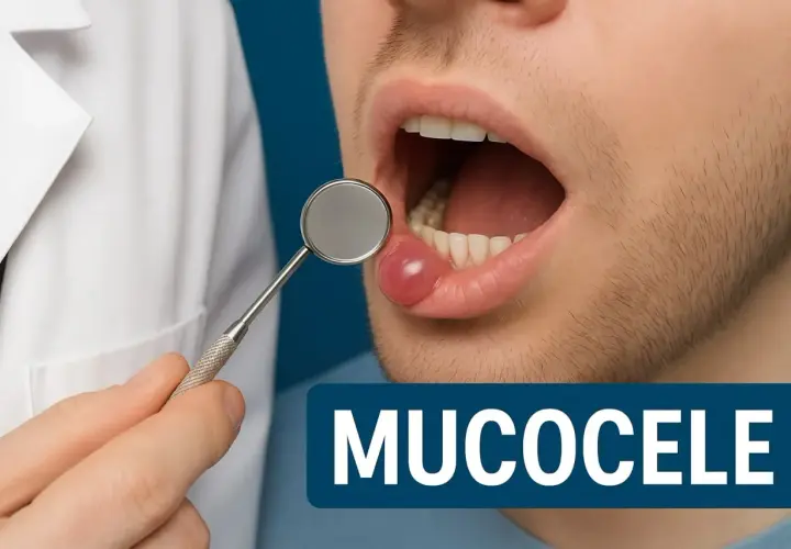 Lekarz bada guzek na wardze pacjenta. Jest to mucocele, łagodna zmiana wypełniona śliną.