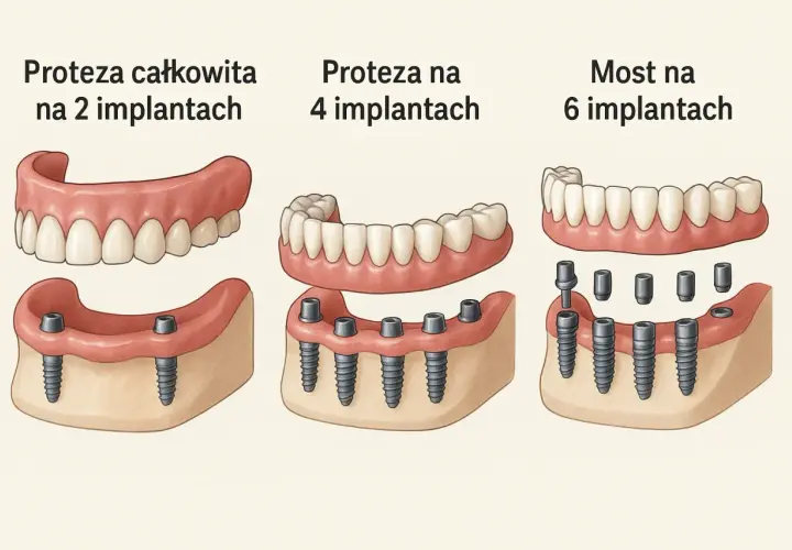 Nowoczesne protezy zębowe całkowite cena zależy od liczby implantów: na 2, 4 lub 6.