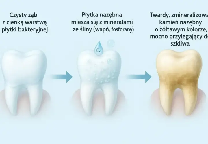Proces powstawania kamienia nazębnego: od czystego zęba, przez płytkę mieszającą się z minerałami, aż do żółtawego kamienia z czarnymi kropkami.