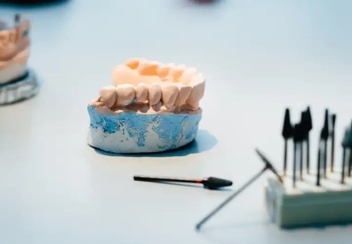 Model szczęki do stworzenia protezy elastycznej, narzędzia dentystyczne w tle.
