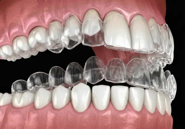 Przezroczyste nakładki Invisalign na zębach, pokazujące proces prostowania zgryzu.