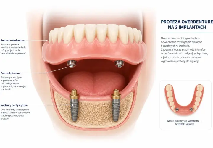 Proteza overdenture na 2 implantach, z zatrzaskami kulowymi, zapewnia stabilność i komfort. Ruchoma proteza mocowana na implantach.