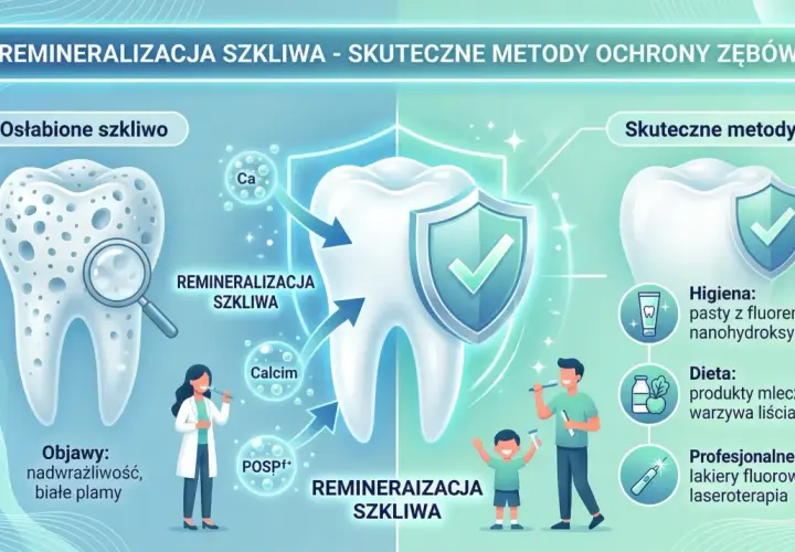 Ilustracja pokazuje proces remineralizacji szkliwa. Zdrowy ząb chroniony tarczą, obok ząb osłabiony z widocznymi ubytkami.