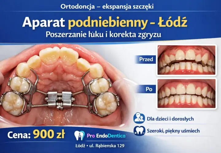 Aparat podniebienny w trakcie leczenia ortodontycznego. Zdjęcia "przed" i "po" pokazują korektę zgryzu.