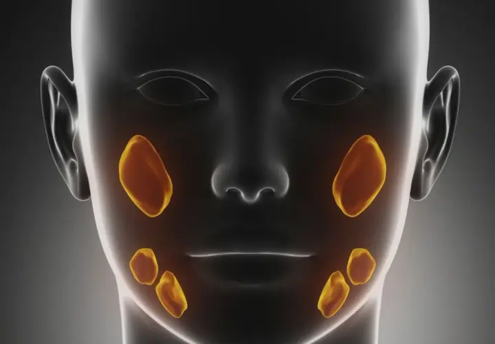Anatomical rendering of a human head showing salivary glands highlighted in yellow. This visualization helps understand the location of potential kamica ślinianek.