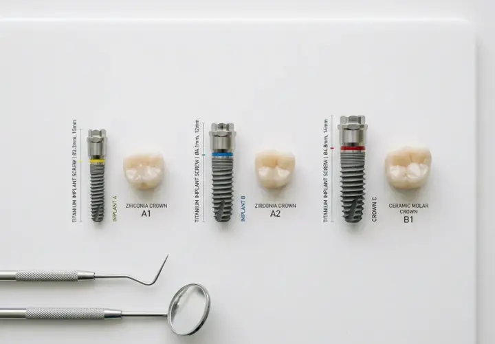 Różne implanty zębowe i korony, pokazujące elementy wpływające na koszt implantu zęba.
