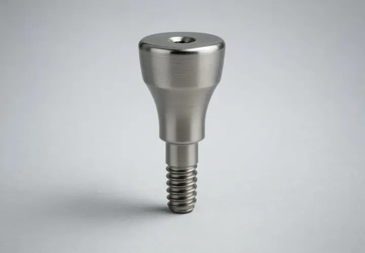Metalowa śruba gojąca implant, z gwintem i zaokrąglonym, gładkim zakończeniem, gotowa do pracy.