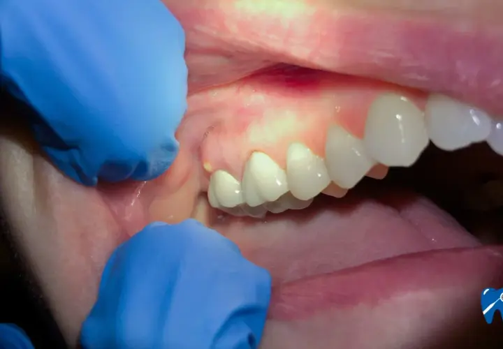 Widoczne ropa w zębie, zaczerwienione dziąsło i zęby. Rękawiczki dentystyczne uwidaczniają problem.