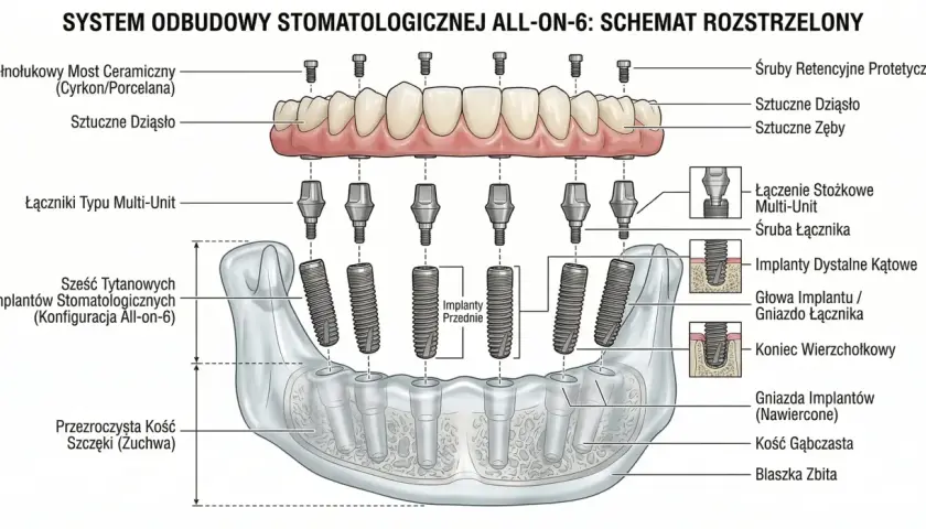 Schemat systemu all-on-6: sześć implantów tytanowych, łączniki i pełny łuk zębów ceramicznych.