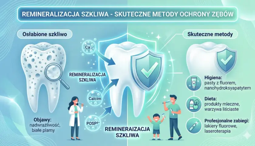Jak wzmocnić zęby? Grafika pokazuje remineralizację szkliwa przez wapń i fosforany, higienę (pasty z fluorem), dietę (nabiał, warzywa) i zabiegi (lakiery, laser).