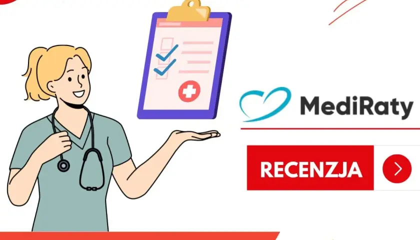 Pielęgniarka prezentuje listę zadań obok logo MediRaty. Sprawdź pozytywne mediraty opinie i dowiedz się więcej.