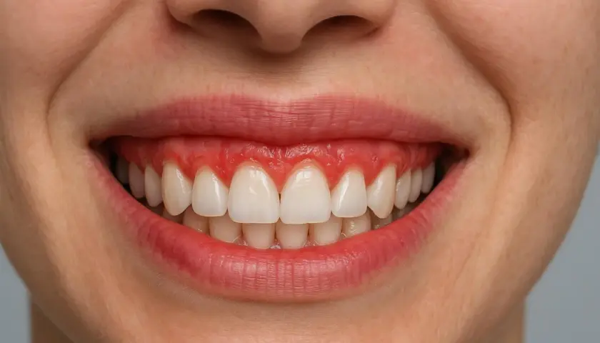 Uśmiech z widocznymi dziąsłami, które nadają mu charakterystyczny "gummy smile".