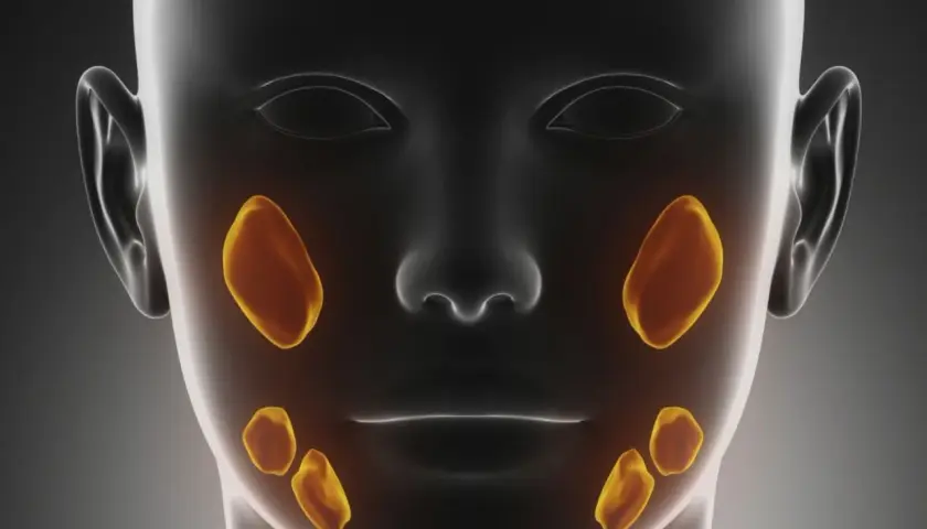 Anatomical rendering of a human head showing salivary glands highlighted in yellow. This visualization helps understand the location of potential kamica ślinianek.