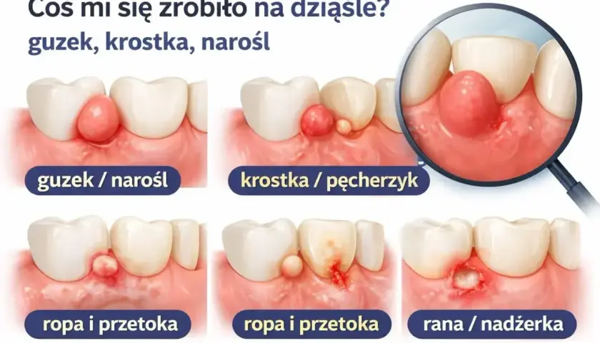 Guzek, krostka, przetoka na dziąśle. Gdy pojawi się ropa, jaki antybiotyk na ząb z ropą będzie najlepszy? Ilustracje pokazują różne zmiany.