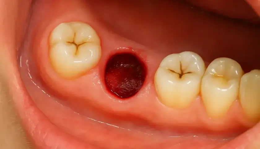 Widoczne zęby i puste miejsce po wyrwanym zębie, gdzie tworzy się ziarnina.