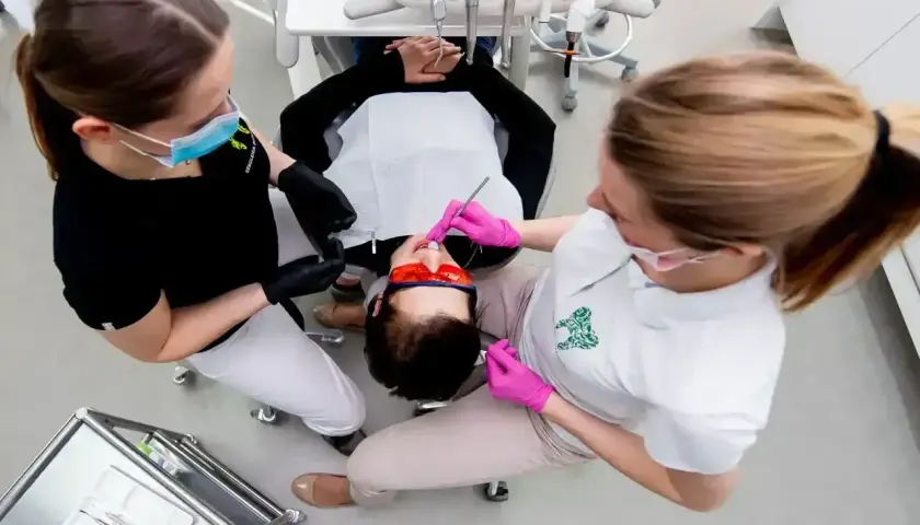Dwie asystentki stomatologiczne pracują przy pacjencie. Jedna podaje narzędzia, druga wykonuje zabieg.