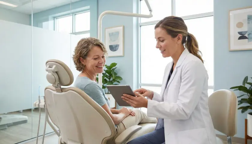 Dentystka w białym fartuchu pokazuje tablet pacjentce siedzącej na fotelu dentystycznym.