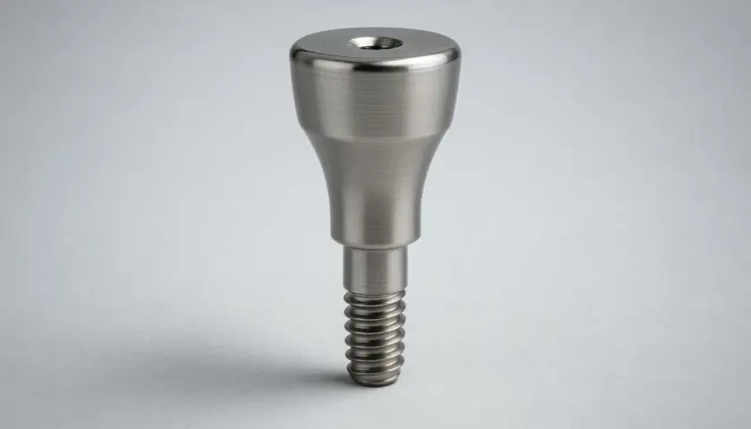 Metalowa śruba gojąca implant, z gwintem i zaokrąglonym, gładkim zakończeniem, gotowa do pracy.