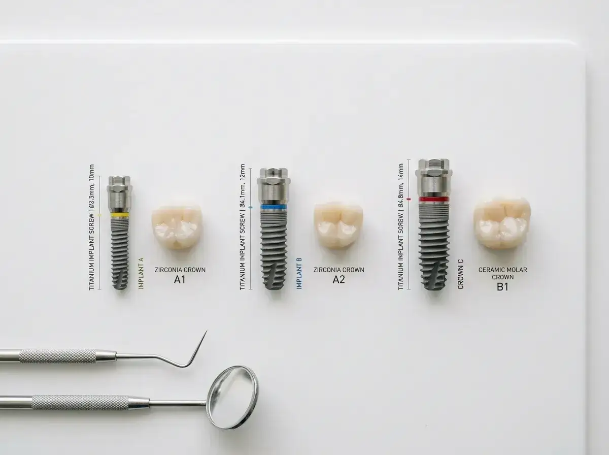Różne implanty zębowe i korony, pokazujące elementy wpływające na koszt implantu zęba.