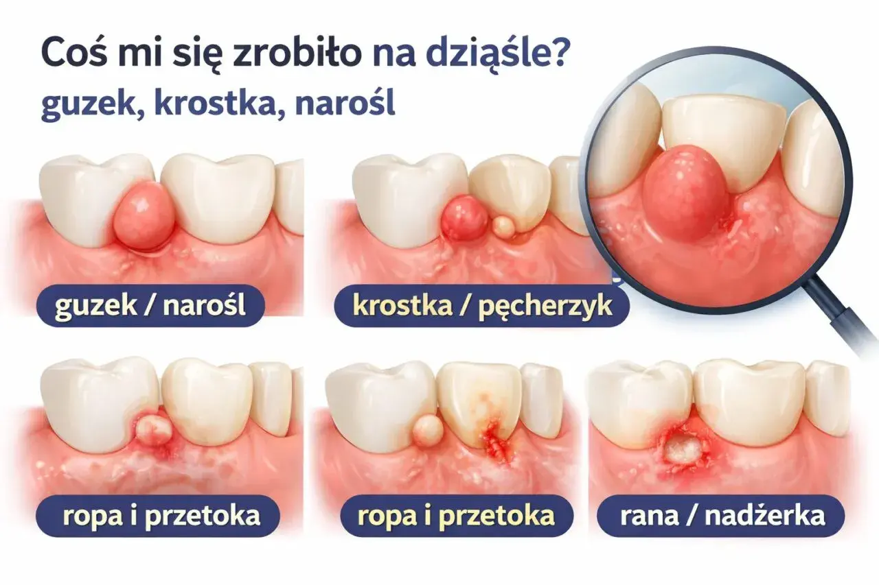 Widoczne są różne zmiany na dziąśle: guzek, krostka, ropień i rana. Twardy guzek na dziąśle może być niepokojący.