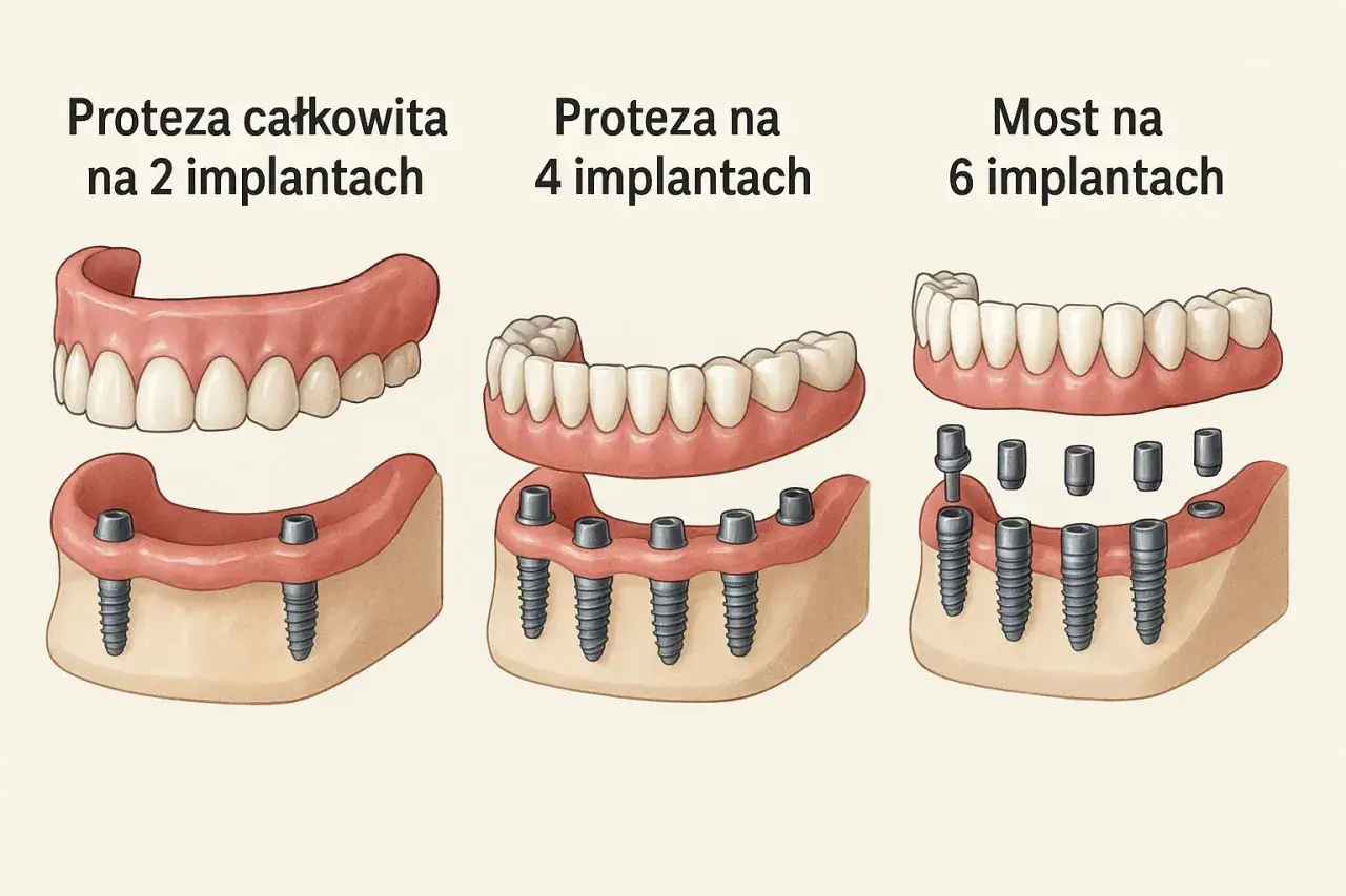 Nowoczesne protezy zębowe całkowite cena zależy od liczby implantów: na 2, 4 lub 6.