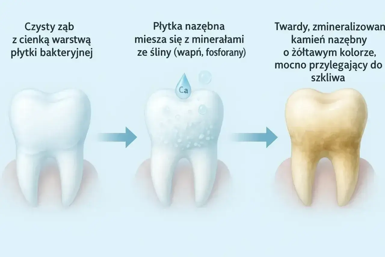 Proces powstawania kamienia nazębnego: od czystego zęba, przez płytkę mieszającą się z minerałami, aż do żółtawego kamienia z czarnymi kropkami.