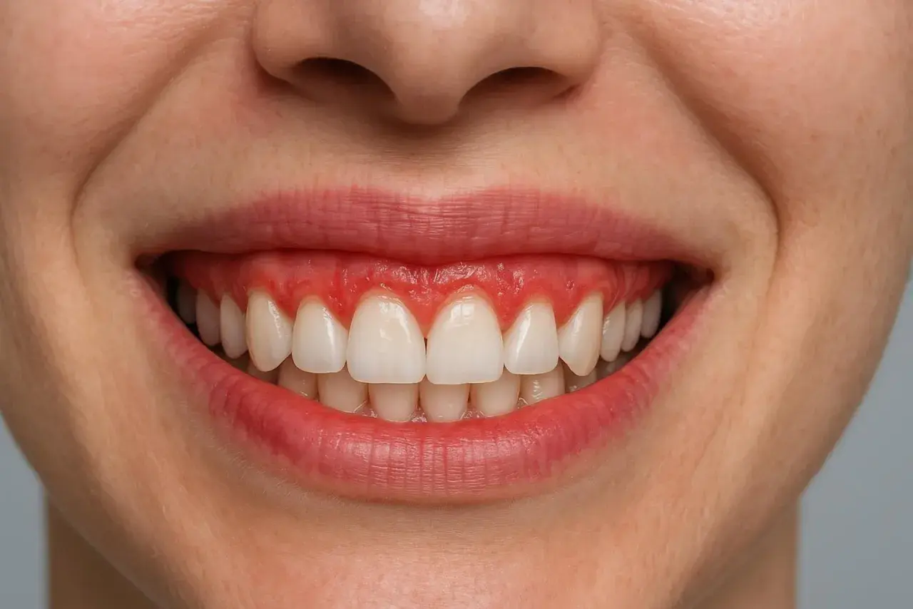 Uśmiech z widocznymi dziąsłami, które nadają mu charakterystyczny "gummy smile".