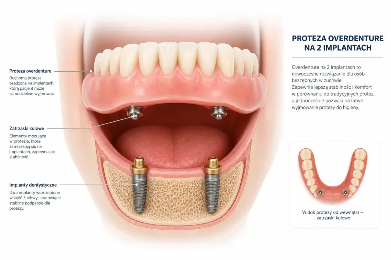 Proteza overdenture na 2 implantach, z zatrzaskami kulowymi, zapewnia stabilność i komfort. Ruchoma proteza mocowana na implantach.