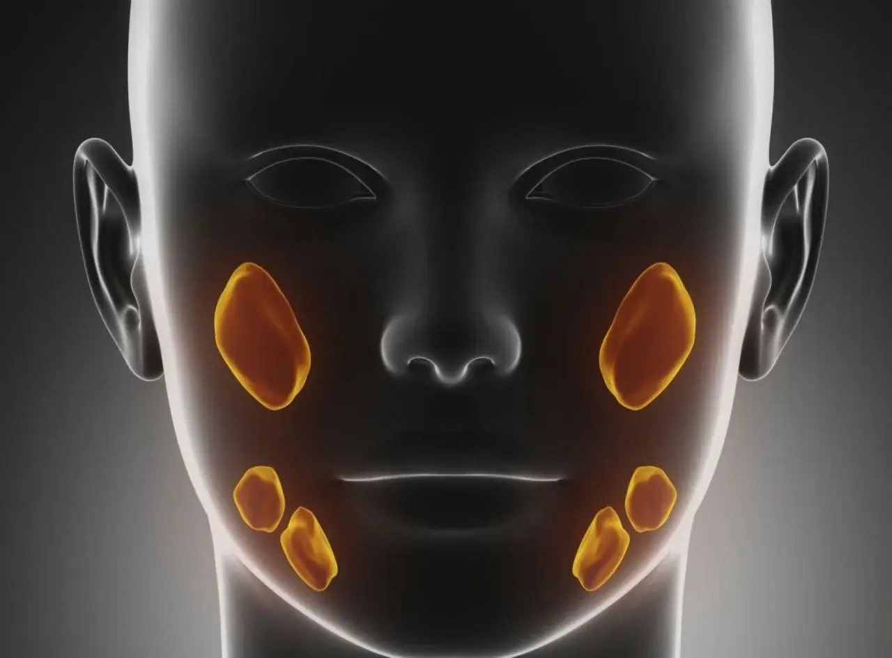 Anatomical rendering of a human head showing salivary glands highlighted in yellow. This visualization helps understand the location of potential kamica ślinianek.