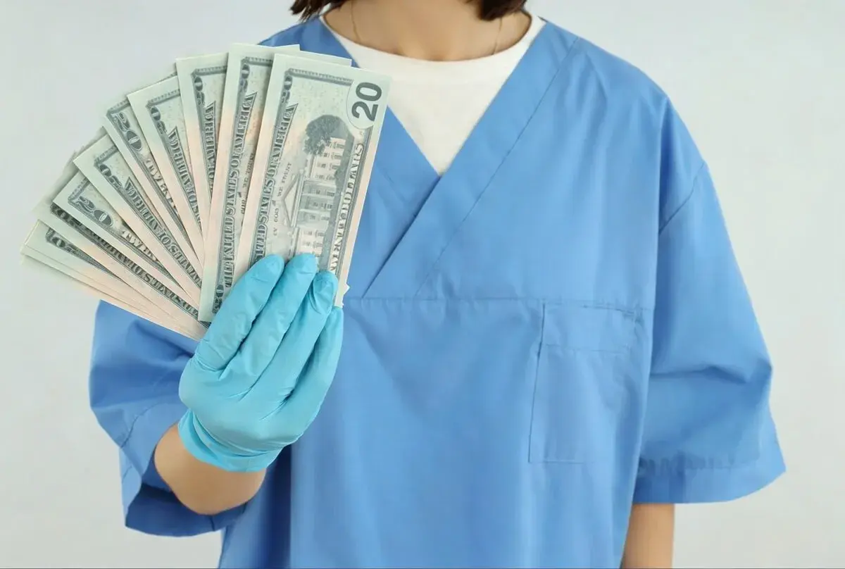 Higienistka stomatologiczna w niebieskim fartuchu pokazuje banknoty dwudziestodolarowe. Zastanawiasz się, ile zarabia higienistka stomatologiczna?