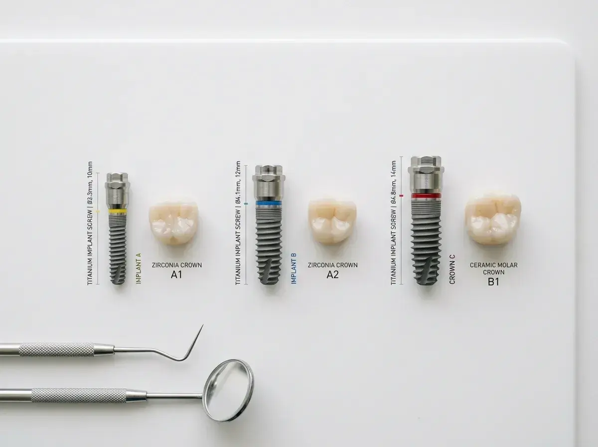 Różne implanty zębowe i korony, pokazujące elementy wpływające na koszt implantu zęba.