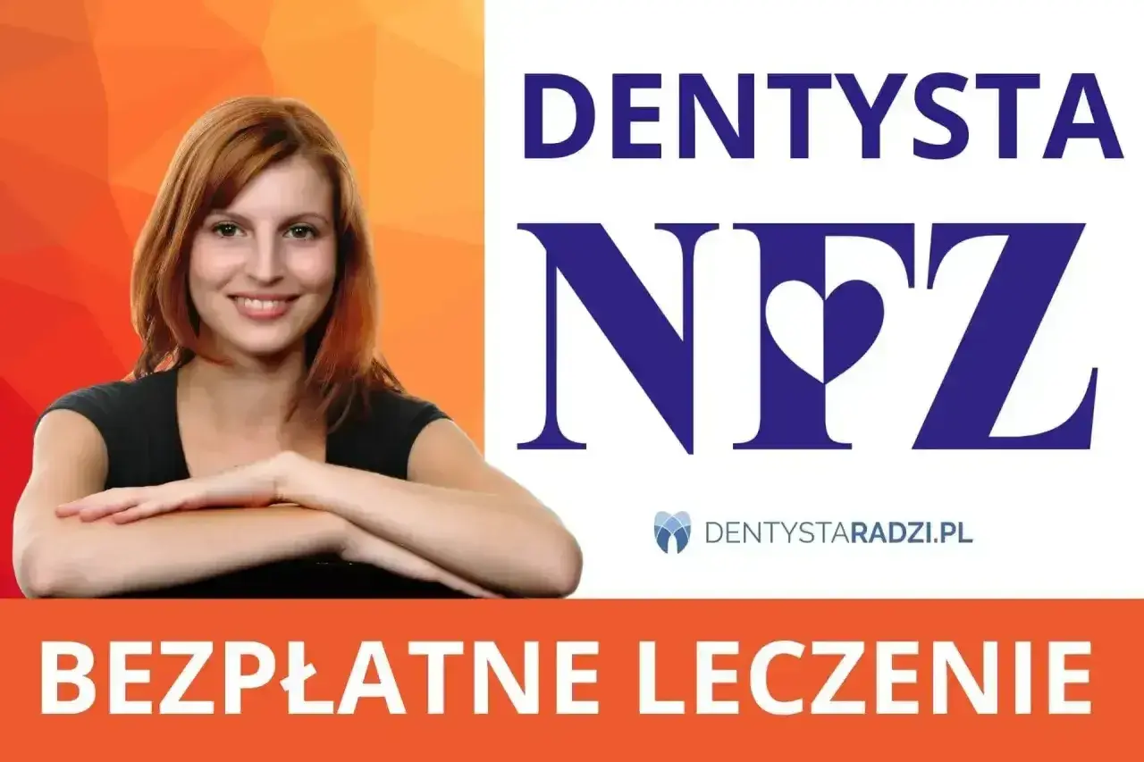 Uśmiechnięta kobieta obok logo DENTYSTA NFZ. Bezpłatne leczenie z bólem zęba? Sprawdź dentystaradzi.pl.